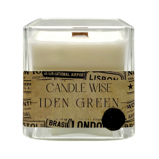 Candle Wise Iden Green large square glass candle with wooden wick and vintage travel label