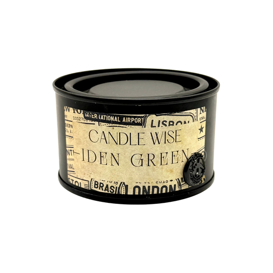 Candle Wise Iden Green travel size candle in black tin with vintage travel label