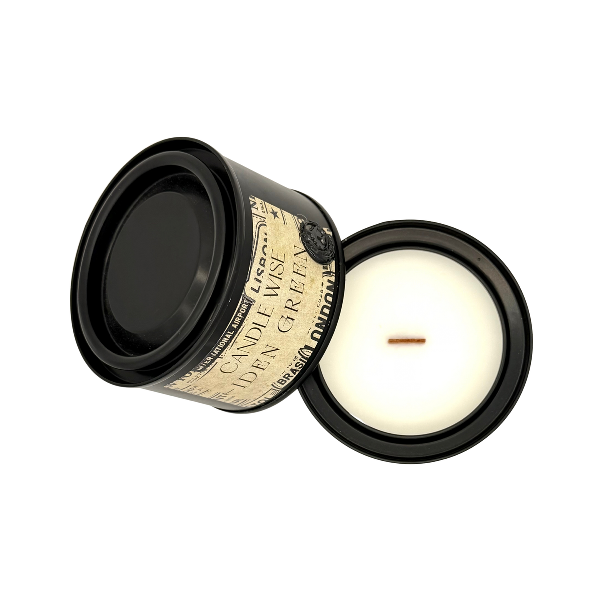 Overhead top view of Candle Wise Iden Green travel size candle showing poured wax and wooden wick