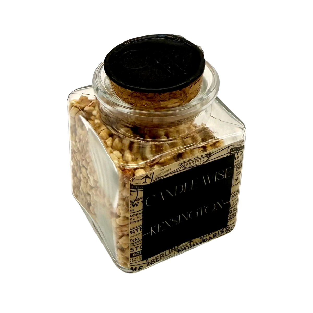 Angled top view of CANDLE WISE Kensington open jar drawer diffuser showing the natural cork stopper with stamped wax seal and filled corn cob granules.