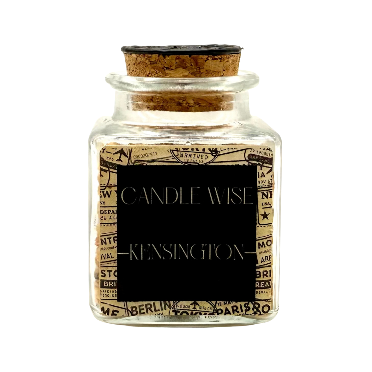 CANDLE WISE Kensington scented corn cob granule drawer diffuser in a square glass jar with a cork stopper and black wax seal, front view.