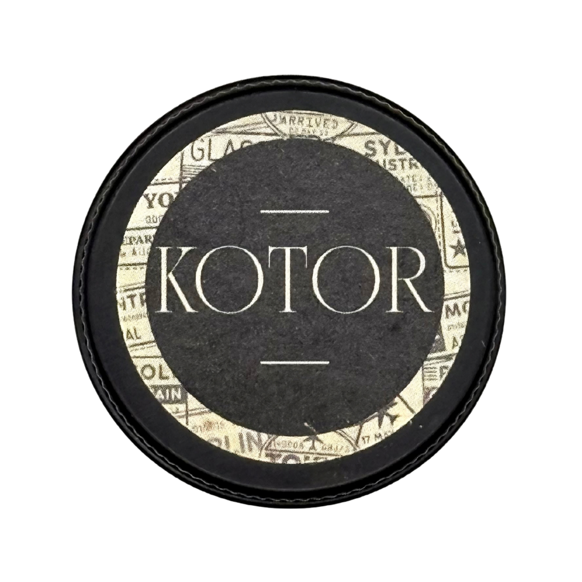 Candle Wise Kotor solid perfume closed black tin lid with travel stamp design.