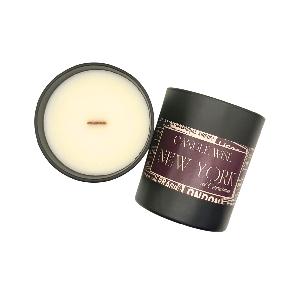 andle Wise New York at Christmas large wooden wick scented candle top view