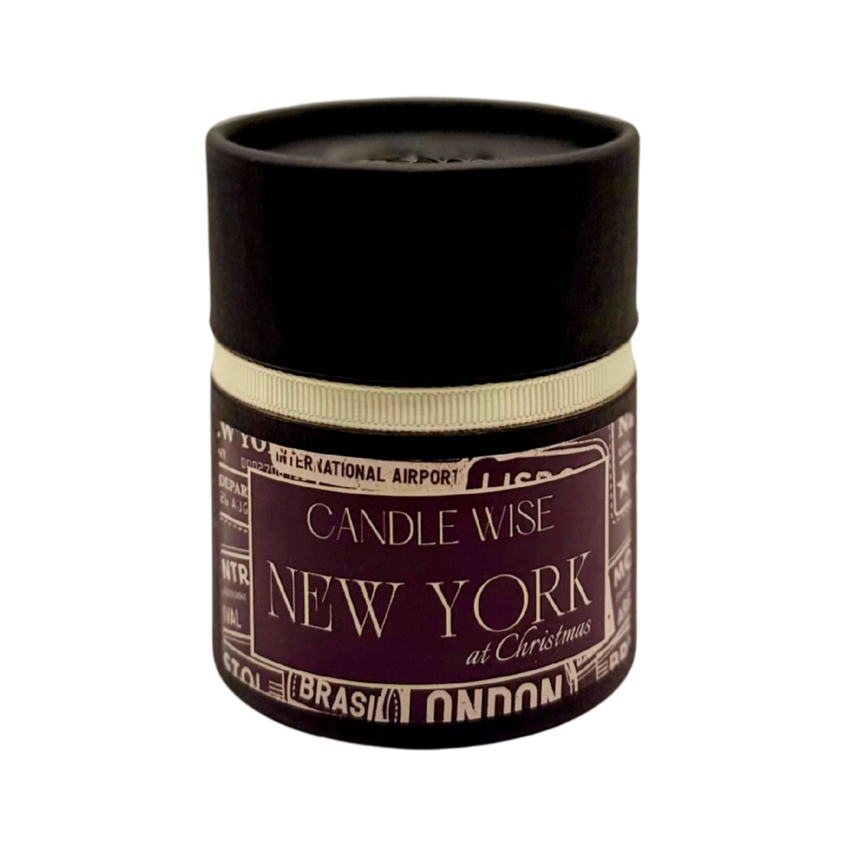 Candle Wise New York at Christmas mini scented candle box packaging with cream ribbon detail