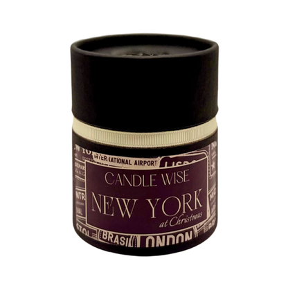 Candle Wise New York at Christmas mini scented candle box packaging with cream ribbon detail
