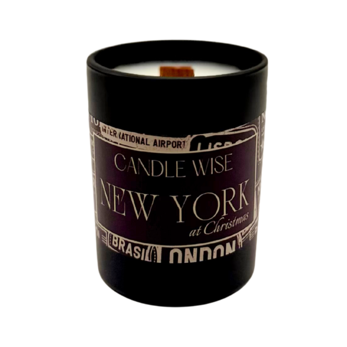 Candle Wise New York at Christmas mini wooden wick scented candle in black glass jar
