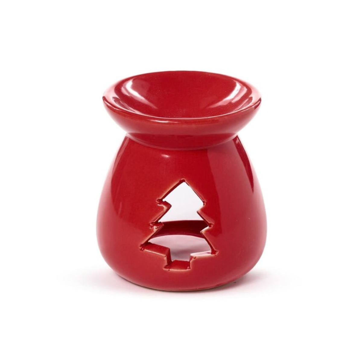 Candle Wise red ceramic wax burner with Christmas tree cut-out front view