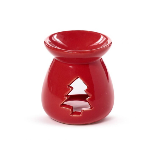 Candle Wise red ceramic wax burner with Christmas tree cut-out front view