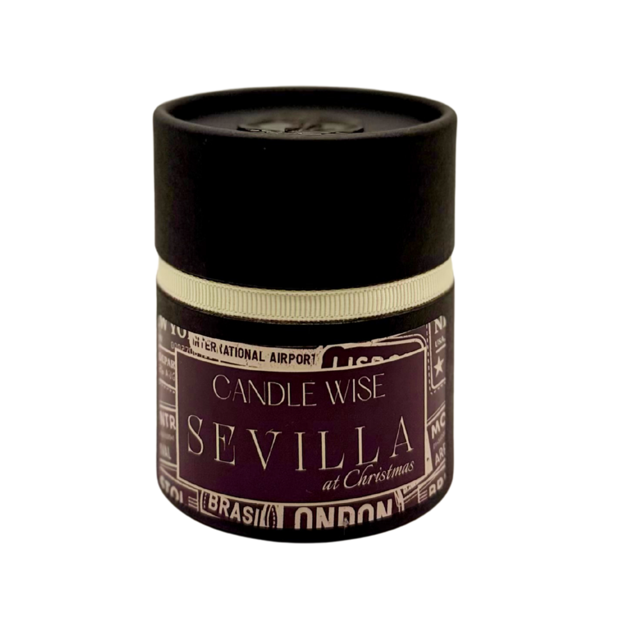 Sevilla at Christmas mini scented candle box packaging with cream ribbon detail