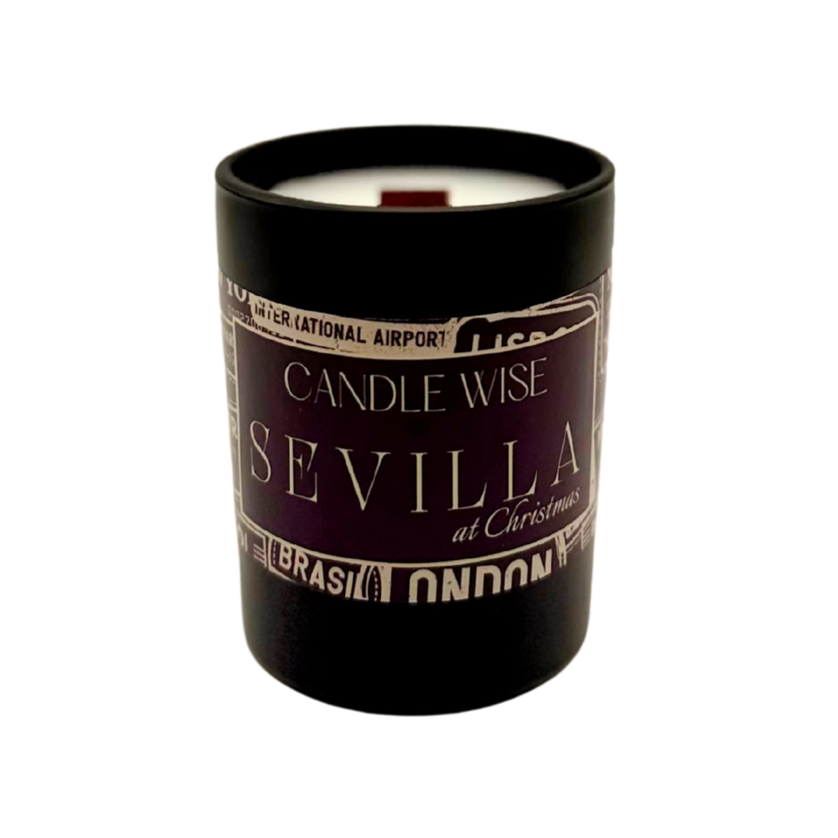 Candle Wise Sevilla at Christmas mini wooden wick scented candle in black glass jar