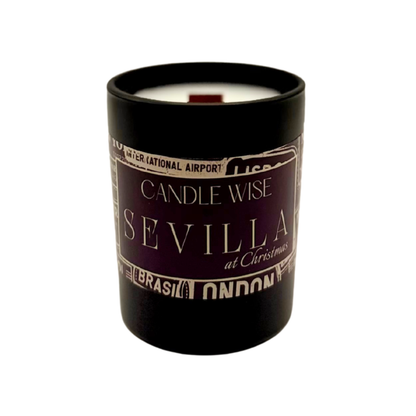 Candle Wise Sevilla at Christmas mini wooden wick scented candle in black glass jar