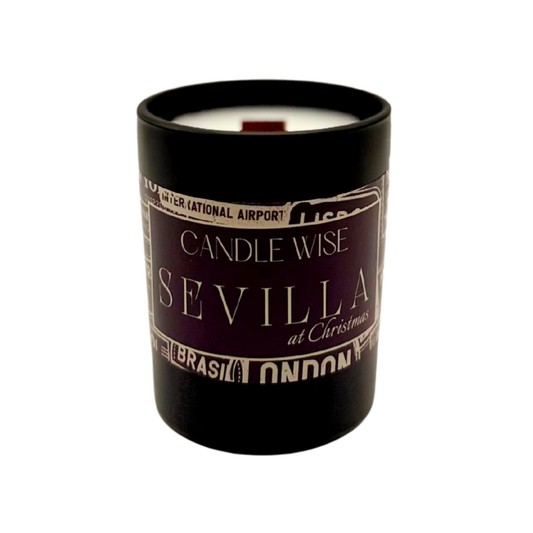 Candle Wise Sevilla at Christmas mini wooden wick scented candle in black glass jar