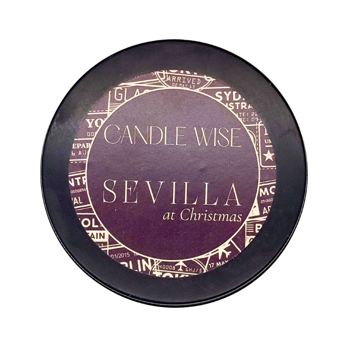 Candle Wise Sevilla at Christmas scoopable wax melt tin lid with travel stamp design