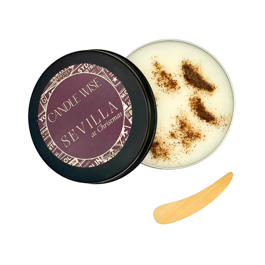 Candle Wise Sevilla at Christmas scoopable wax melt open tin with lid and wooden spatula