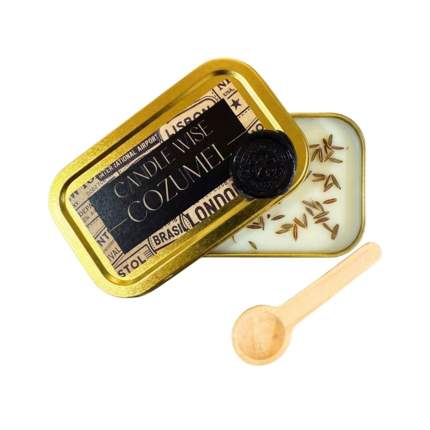 Scoopable Cozumel wax melt in a gold travel tin featuring a vintage label and dried thyme botanicals.