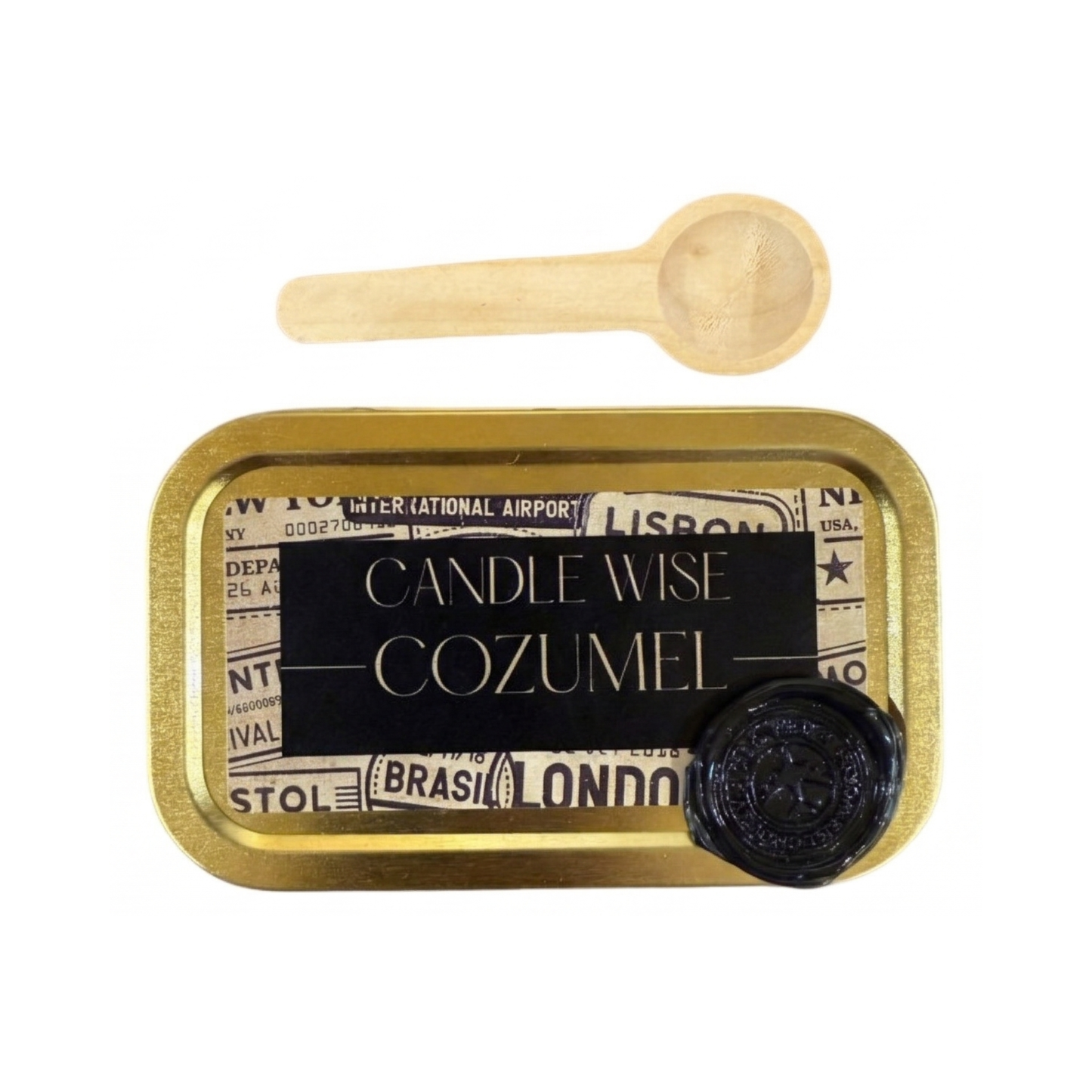 Candle Wise Cozumel wax melt tin with vintage passport stamp label and a black wax seal.