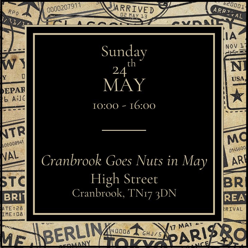 Event flyer with text 'Cranbrook Goes Nuts in May' on a vintage passport background