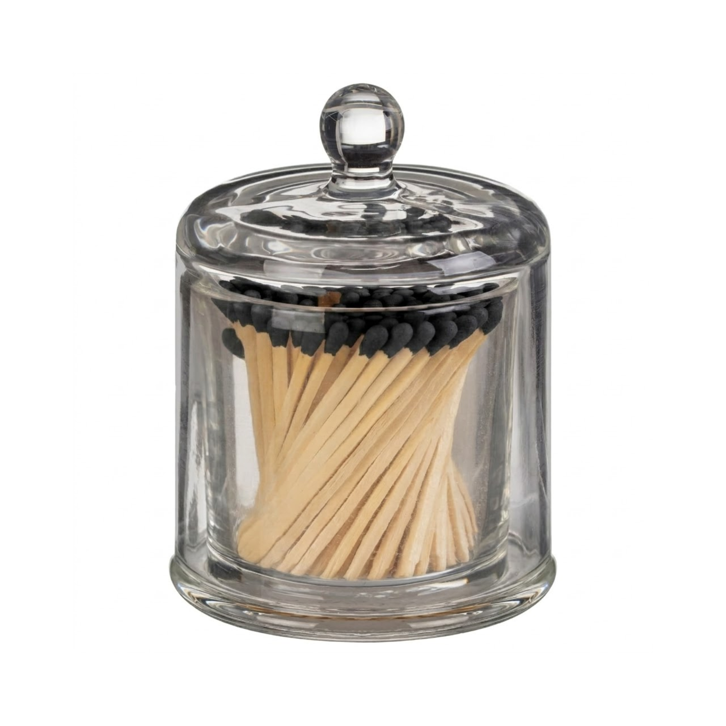 Clear glass decorative cloche filled with long black tipped matches