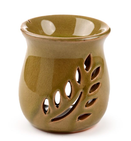 Green small ceramic wax and oil burner with leaf fretwork and crackle glaze