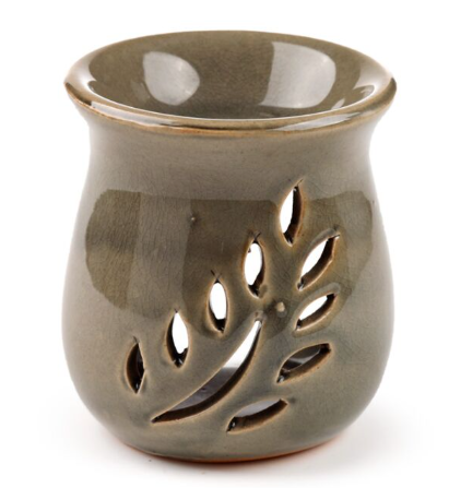 Grey small ceramic wax and oil burner with leaf fretwork and crackle glaze