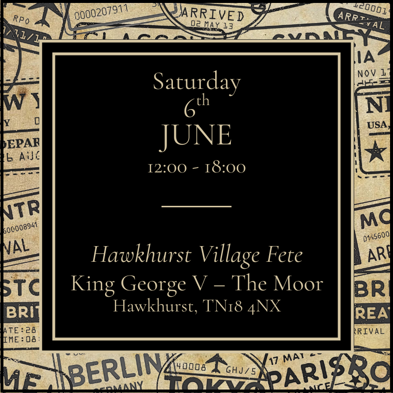 Event flyer for Hawkhurst Village Fete with event details on a vintage travel background.