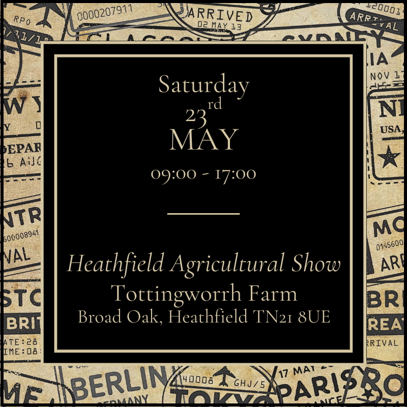 Advertisement for the Heathfield Agricultural Show with event details on a vintage newspaper background.