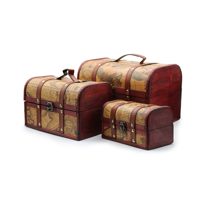 Set of 3 vintage style wooden map chests with brass catches of varying sizes