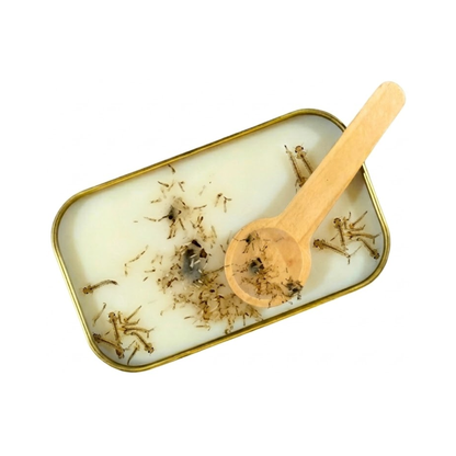A close-up view of the inside of a Luxor candle tin, showing the detailed organic texture of the wax and a wooden scoop resting on top.
