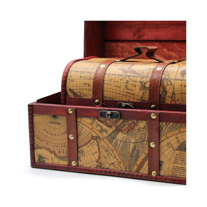 Close up detail of an antique style brass catch and leather effect straps on a wooden map chest