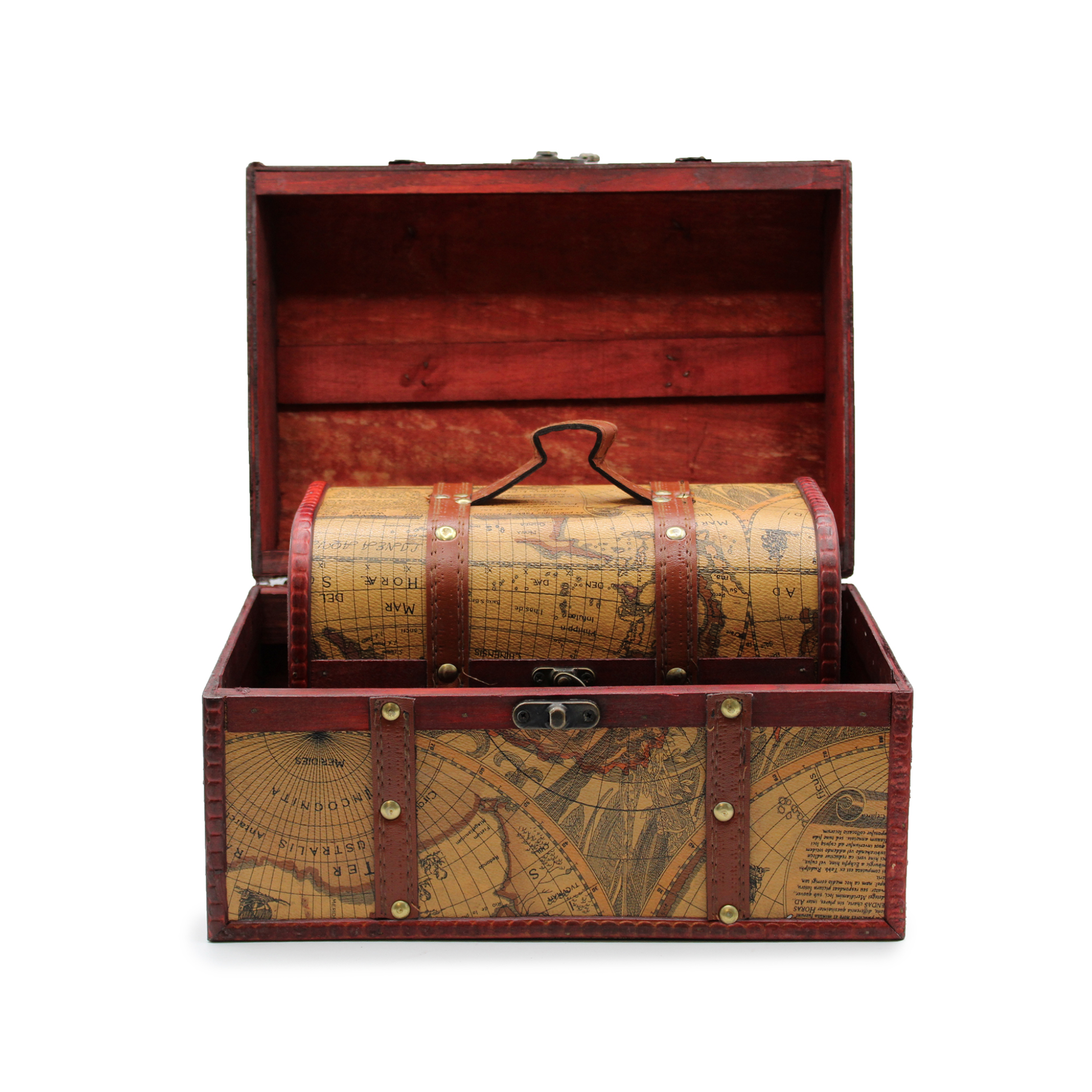 Open vintage style wooden map chest showing a smaller map chest nested inside