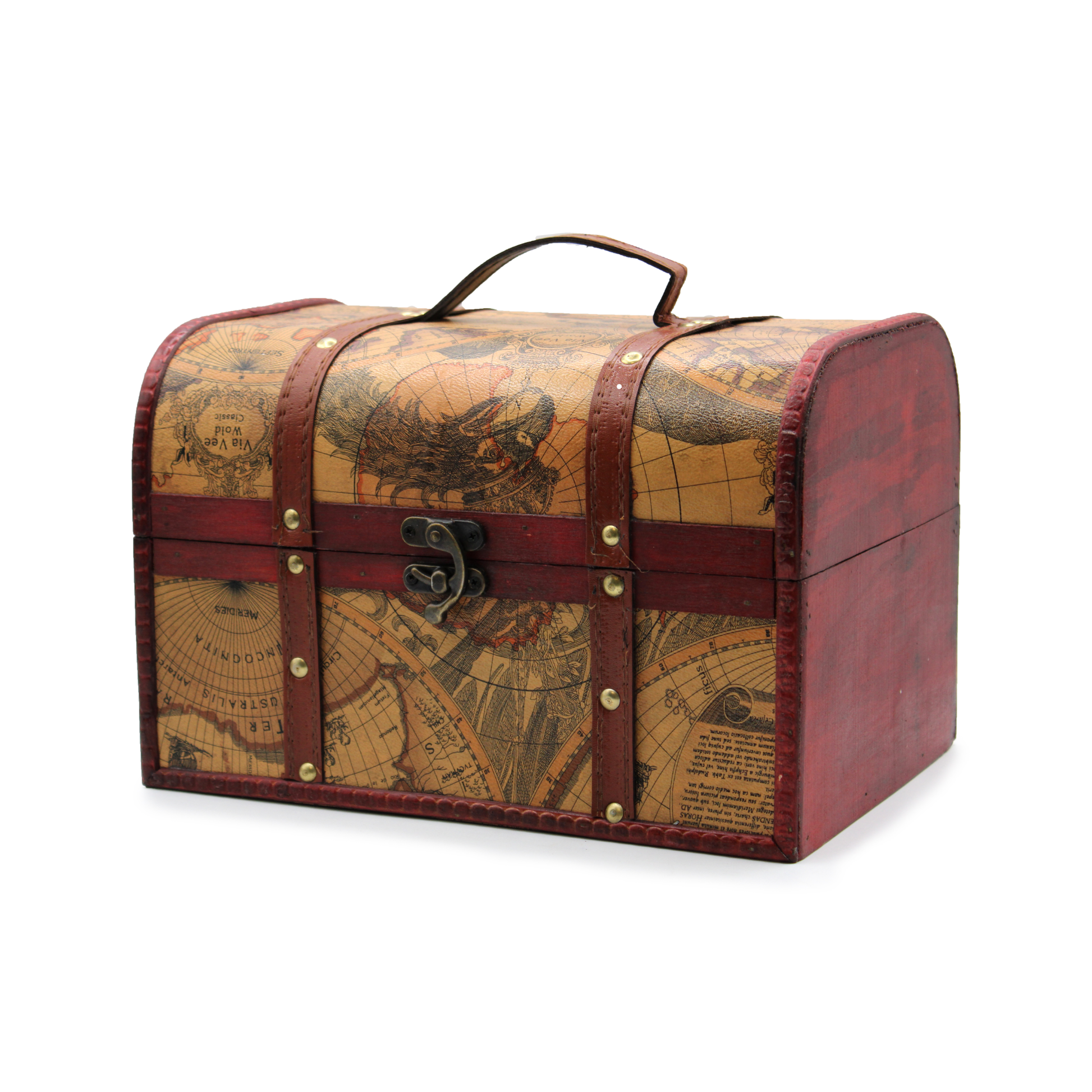 Single vintage style wooden map chest featuring old world map design and leather effect straps