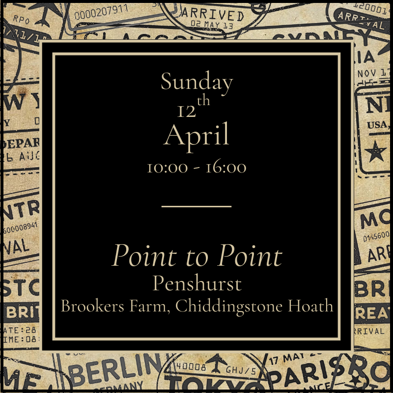 Event flyer for 'Point to Point' at Penshurst with a vintage newspaper border.
