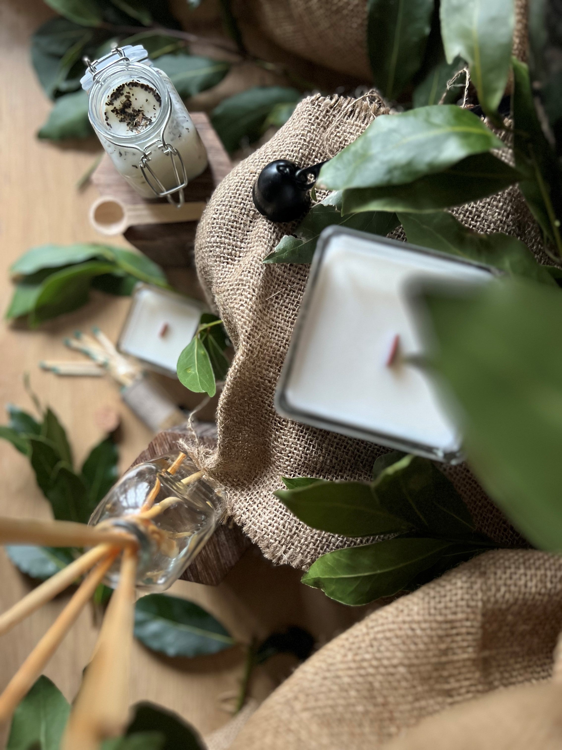 Top-down view of eco-friendly home fragrance products, including candles, diffusers, wax melts, and incenses.